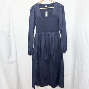 Old Navy Smocked Midi Dress Navy‎ Size M Tall Cottage Regency Edwardian Cotton